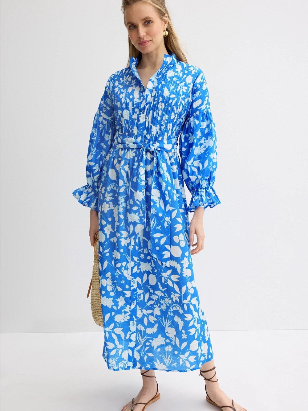 Blue Floral Maxi Dress with Belt